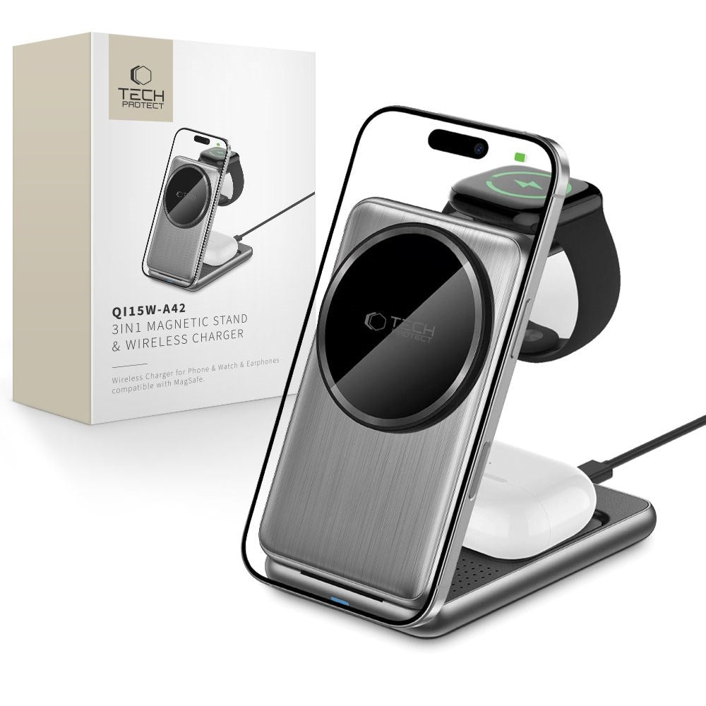Tech-Protect QI15W-A42 3-in-1 Magnetic Wireless Charger - MagSafe Compatible - Grey