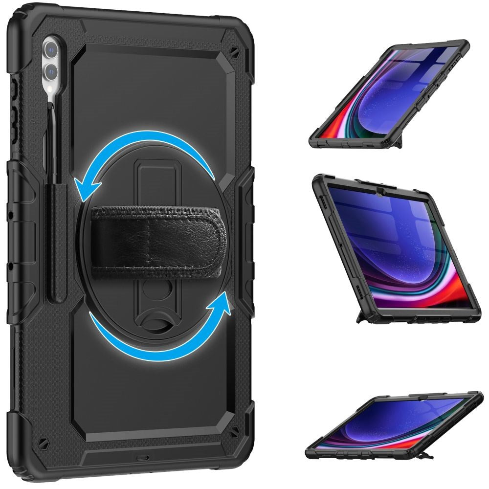 Samsung Galaxy Tab S9 / S8 Ultra Tech-Protect Solid360 Tough Case w. Protective Film, Hand Holder & Shoulder Strap - Black