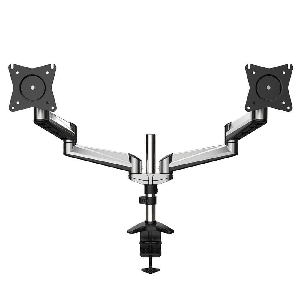 Desire2 Monitor Table Bracket w. Screw Clamp for 2 Monitors 15" - 32" - (VESA 75 & 100) - Silver / Black