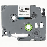 Label Tape Cassette 8 meters, Laminated, Compatible with Brother P-Touch label printers, Black on White - 9mm