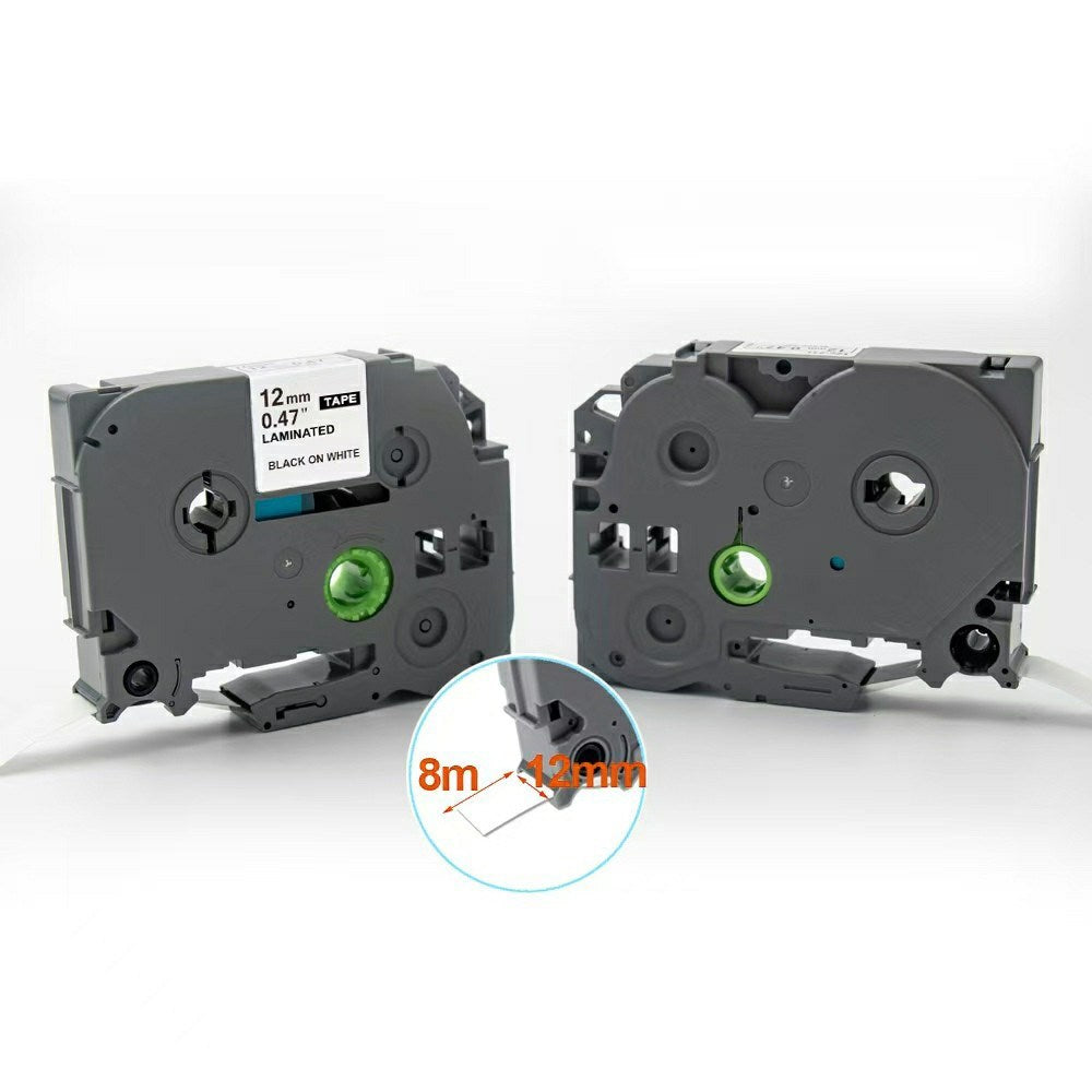 Label Tape Cassette 8 meters, Laminated, Compatible with Brother P-Touch label printers, Black on White - 9mm