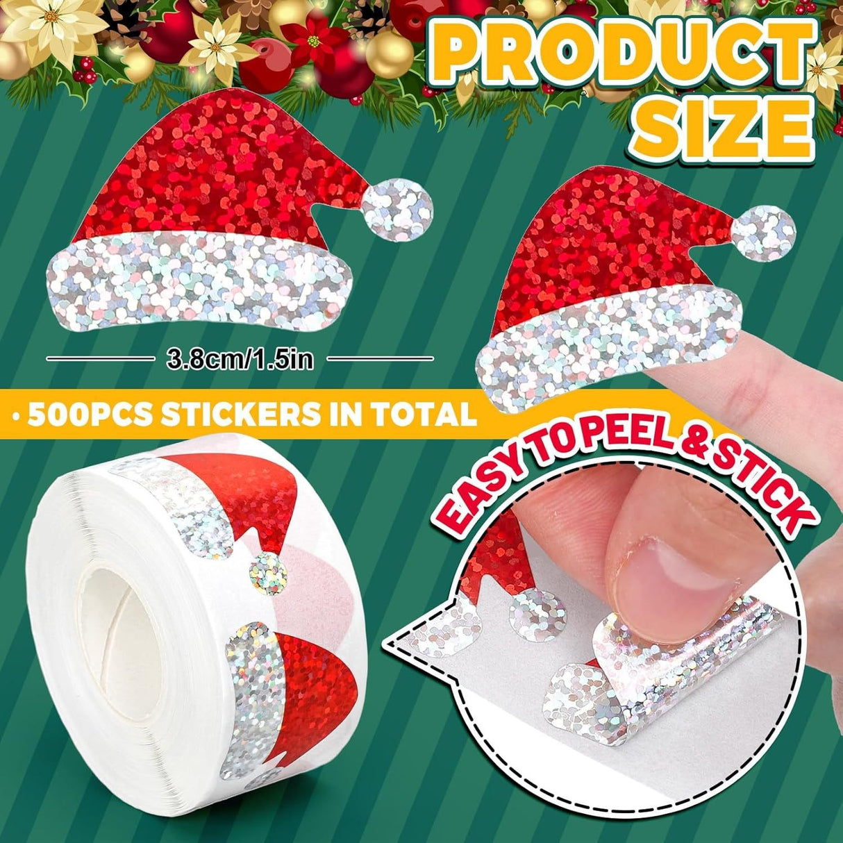 Roll of 500 x Stickers w. Christmas Designs - Christmas Hat / Glitter