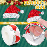Roll of 500 x Stickers w. Christmas Designs - Christmas Hat / Glitter