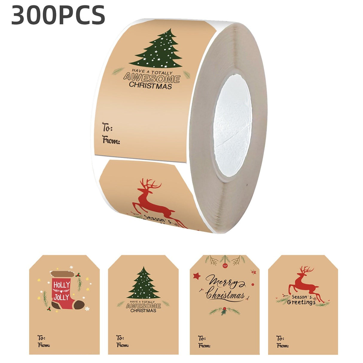 Roll of 300 x Stickers of To and From Card - 4 Designs - Christmas