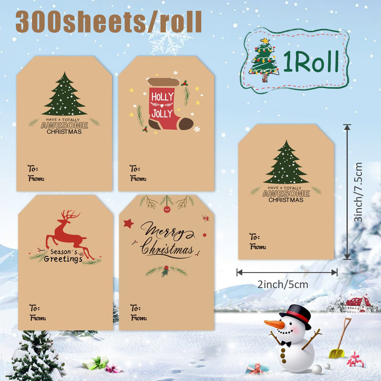 Roll of 300 x Stickers of To and From Card - 4 Designs - Christmas