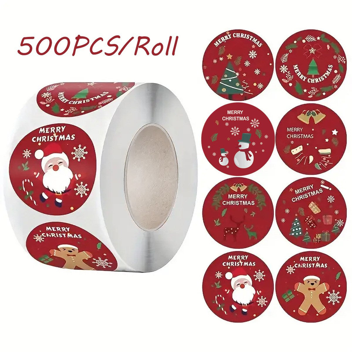 Roll of 500 x Stickers - 8 Designs - Christmas / Red