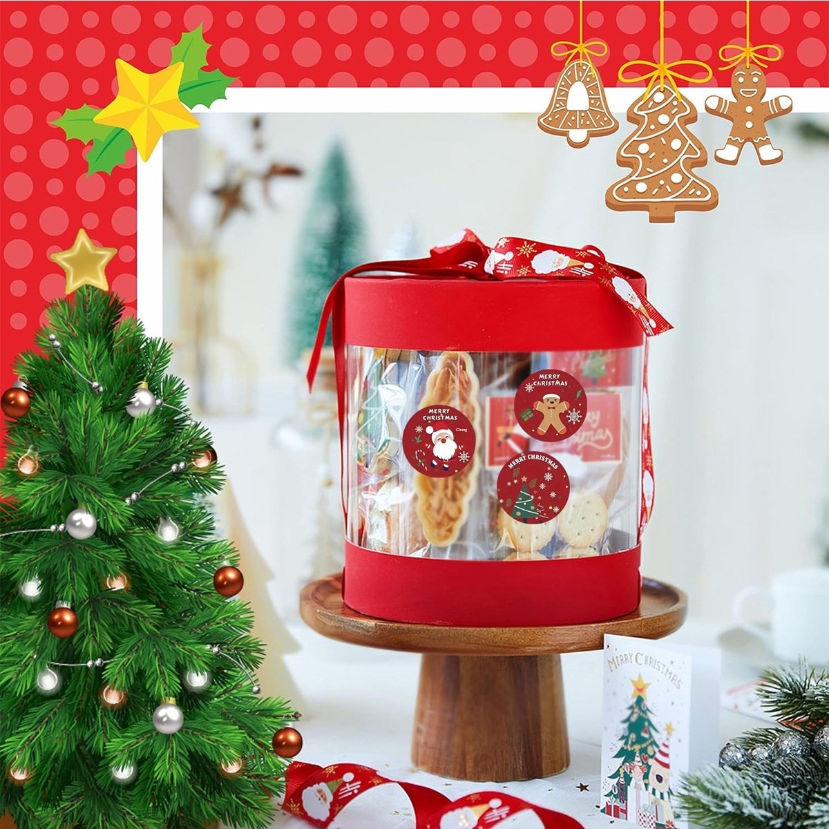 Roll of 500 x Stickers - 8 Designs - Christmas / Red