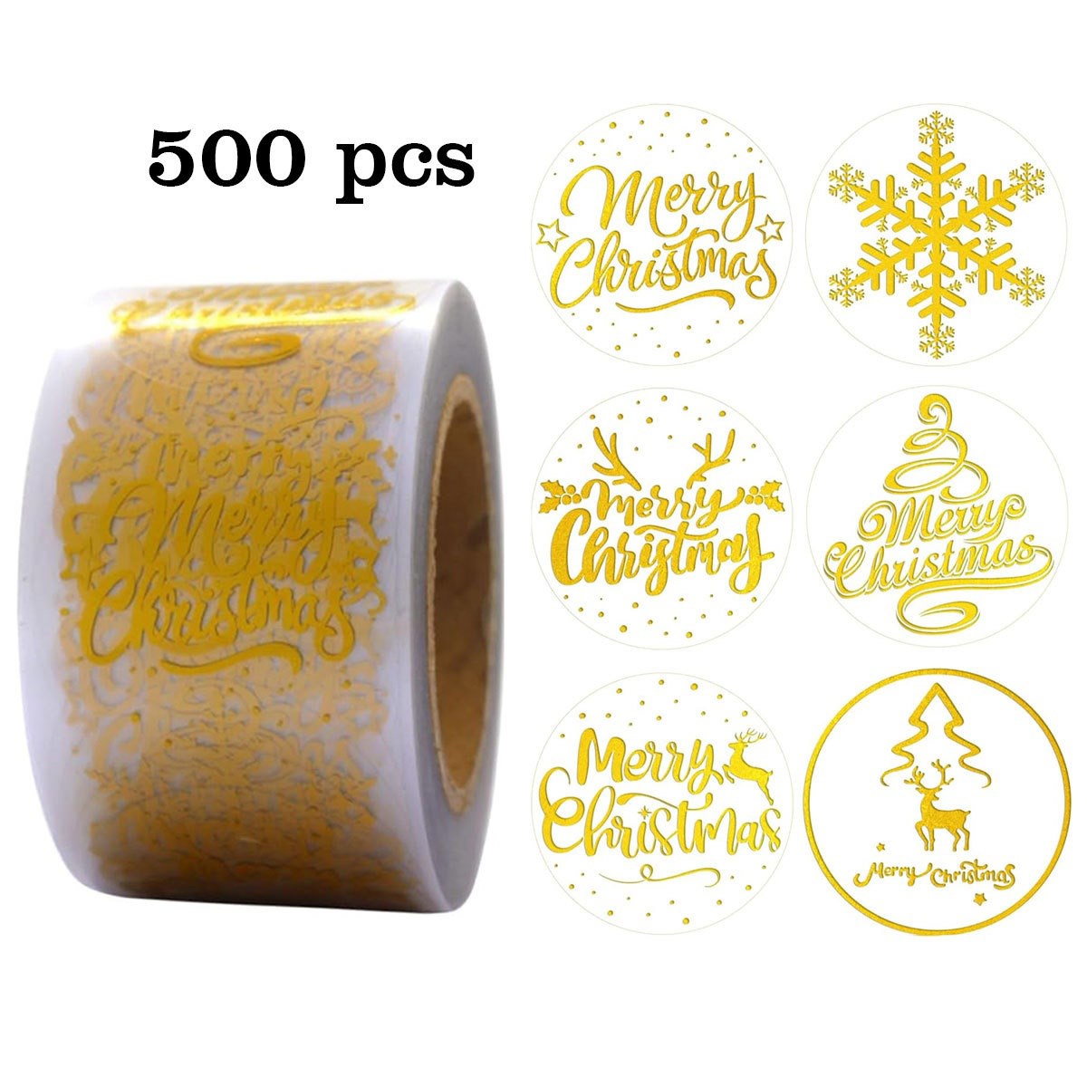 Roll of 500 x Stickers w. Christmas Designs – Gold