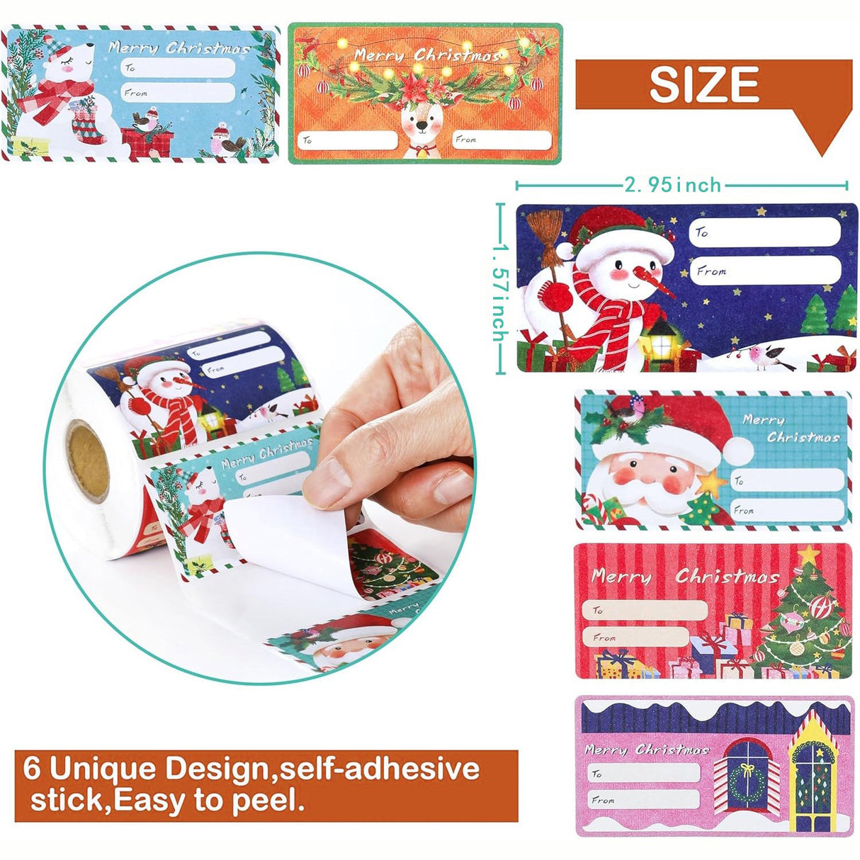 Roll of 180 x Stickers of To and From Card - 6 Designs - Christmas