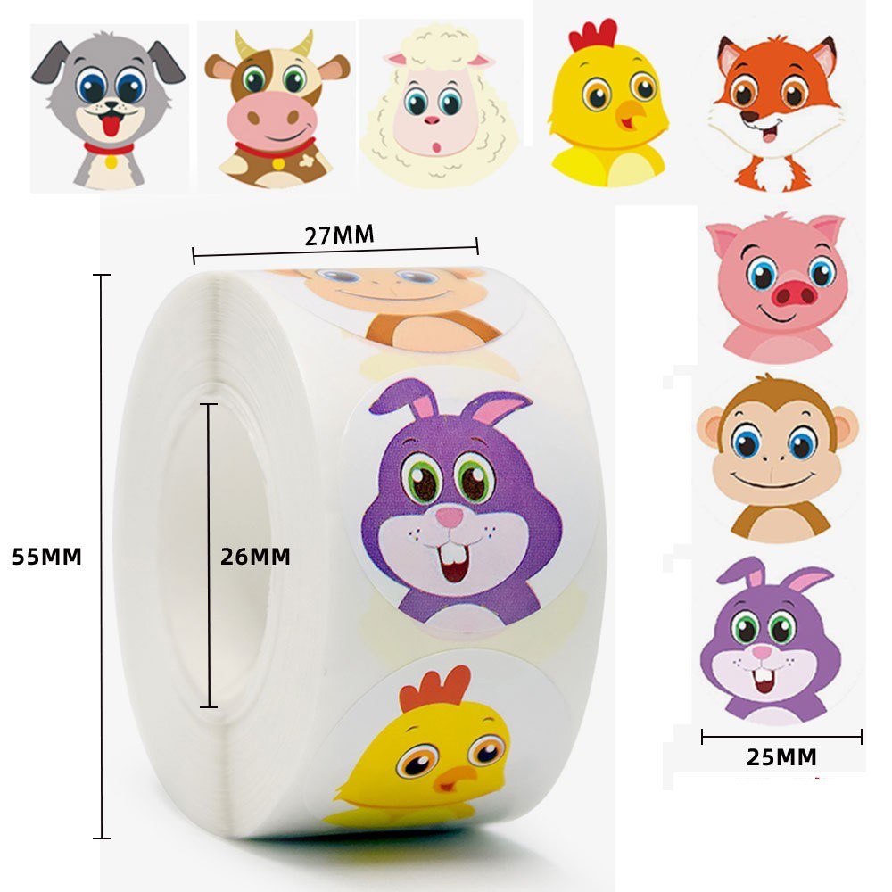 Roll of 500 x Stickers of Cartoon Animals - Farm Animals