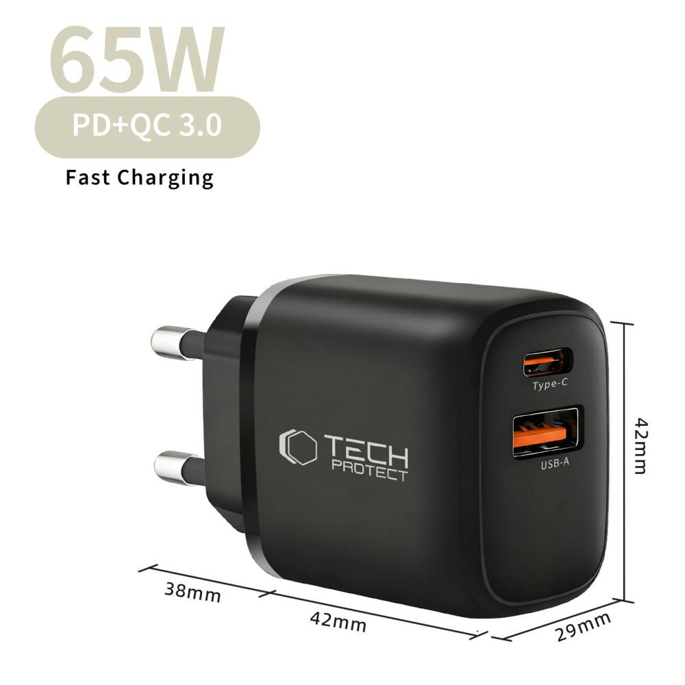 Tech-Protect 65W Wall Charger w. 1x USB-C & 1x USB-A - Black