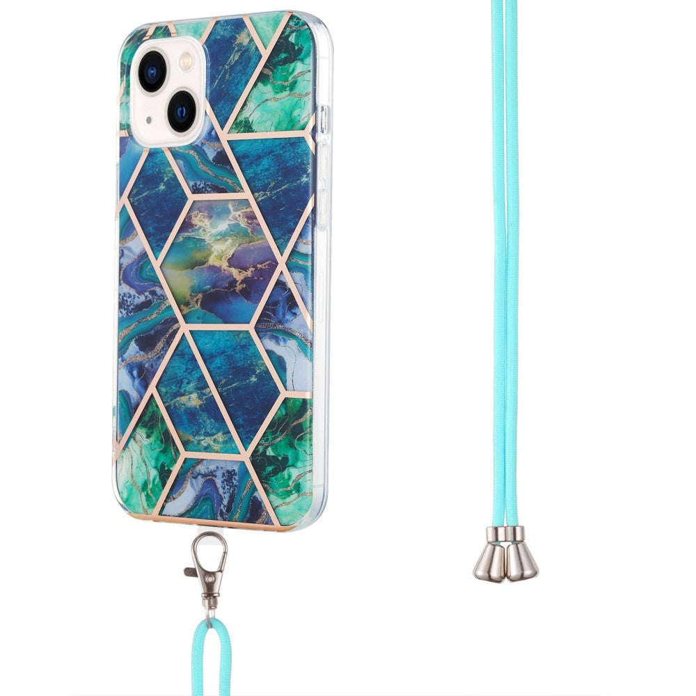 iPhone 14 Plus Flexible Plastic Back Case w. Cord - Marble - Green and Blue