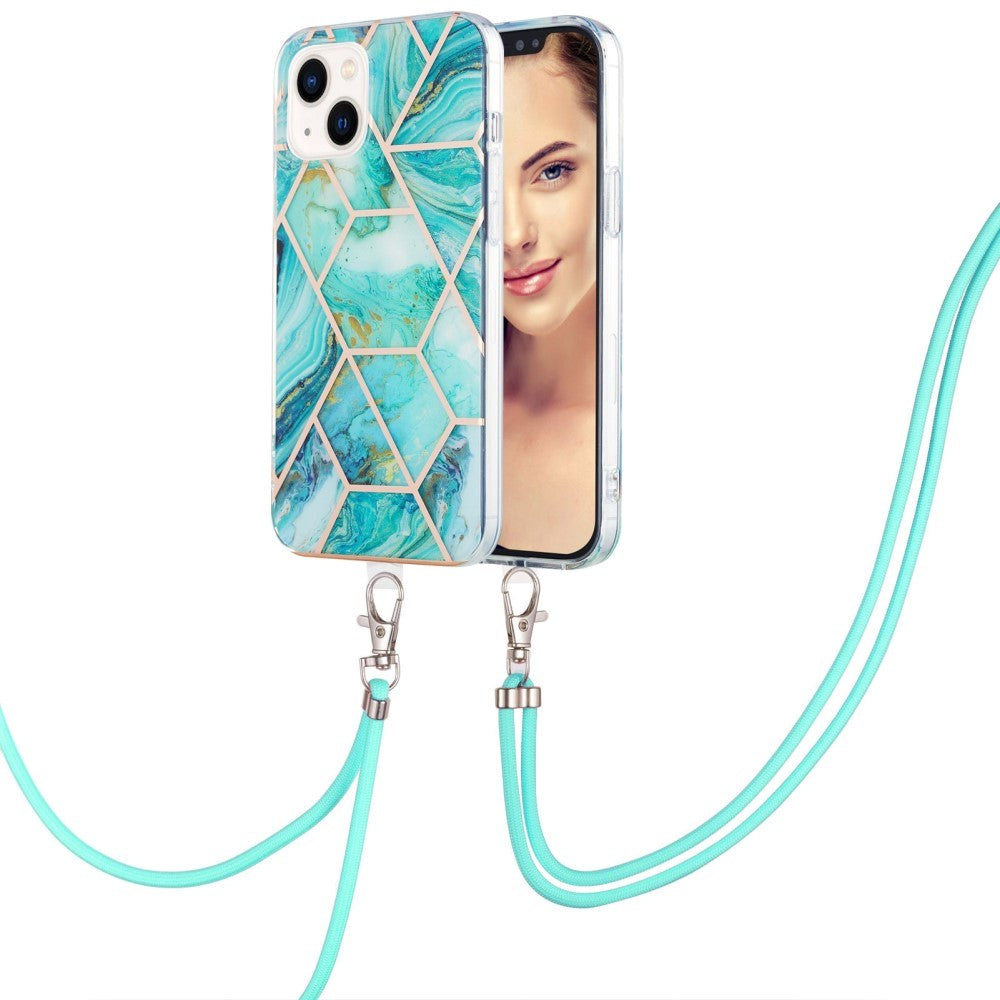 iPhone 14 Plus Flexible Plastic Back Case w. Cord - Marble - Blue