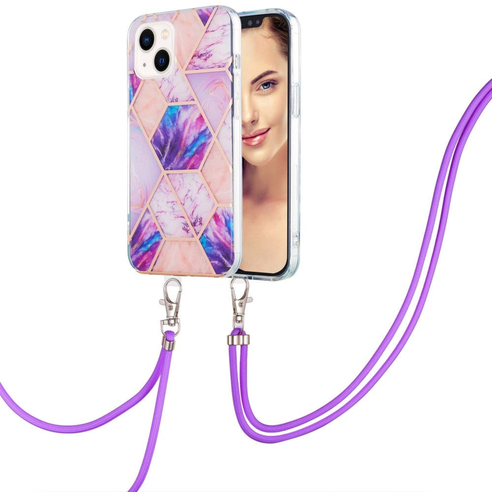 iPhone 14 Plus Flexible Marble Cover w. Cord - Light Purple