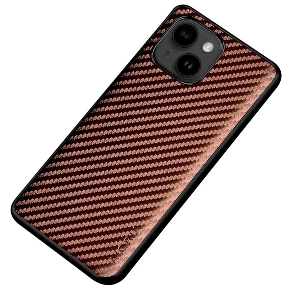 iPhone 14 Plus Hybrid Plastic Case with Carbon Design - Brown