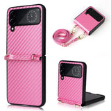 Samsung Galaxy Z Flip4 (5G) Leather Covered Plastic Case w. Carbon Look & Cord - Pink