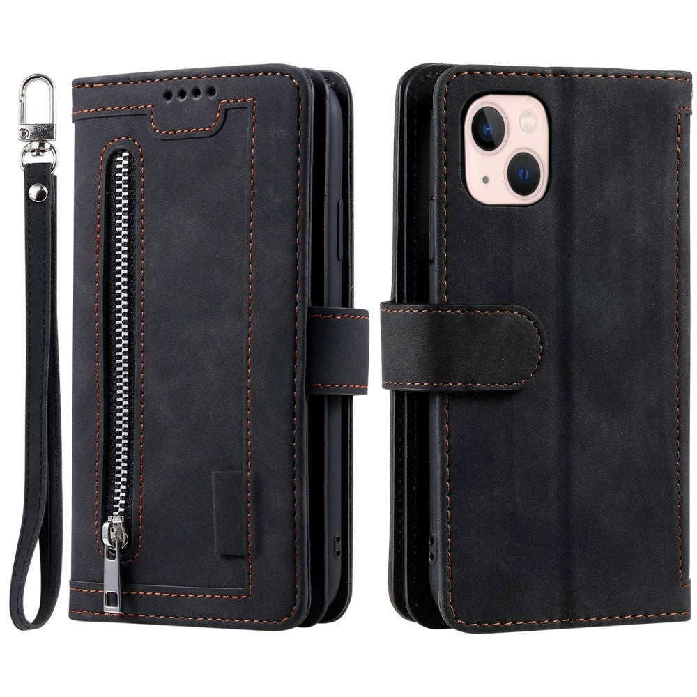 iPhone 14 Leather Flip Case with Wallet & Magnetic Lock - Black