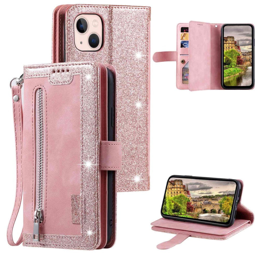 iPhone 14 Leather Flip Case with Wallet & Magnetic Lock - Pink