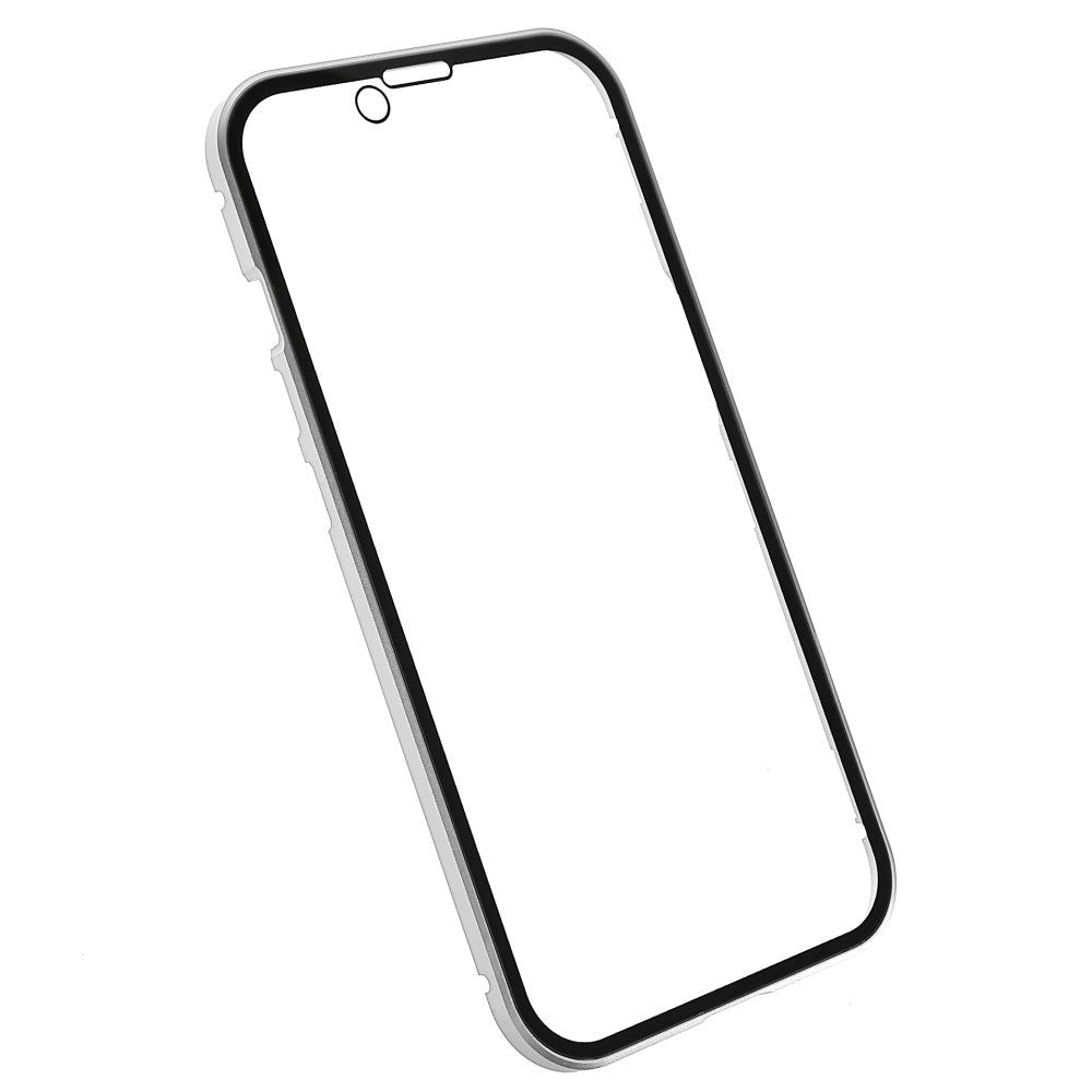 iPhone 14 Cover w. Magnetic Metal Edge Glass- Front & Back - Silver