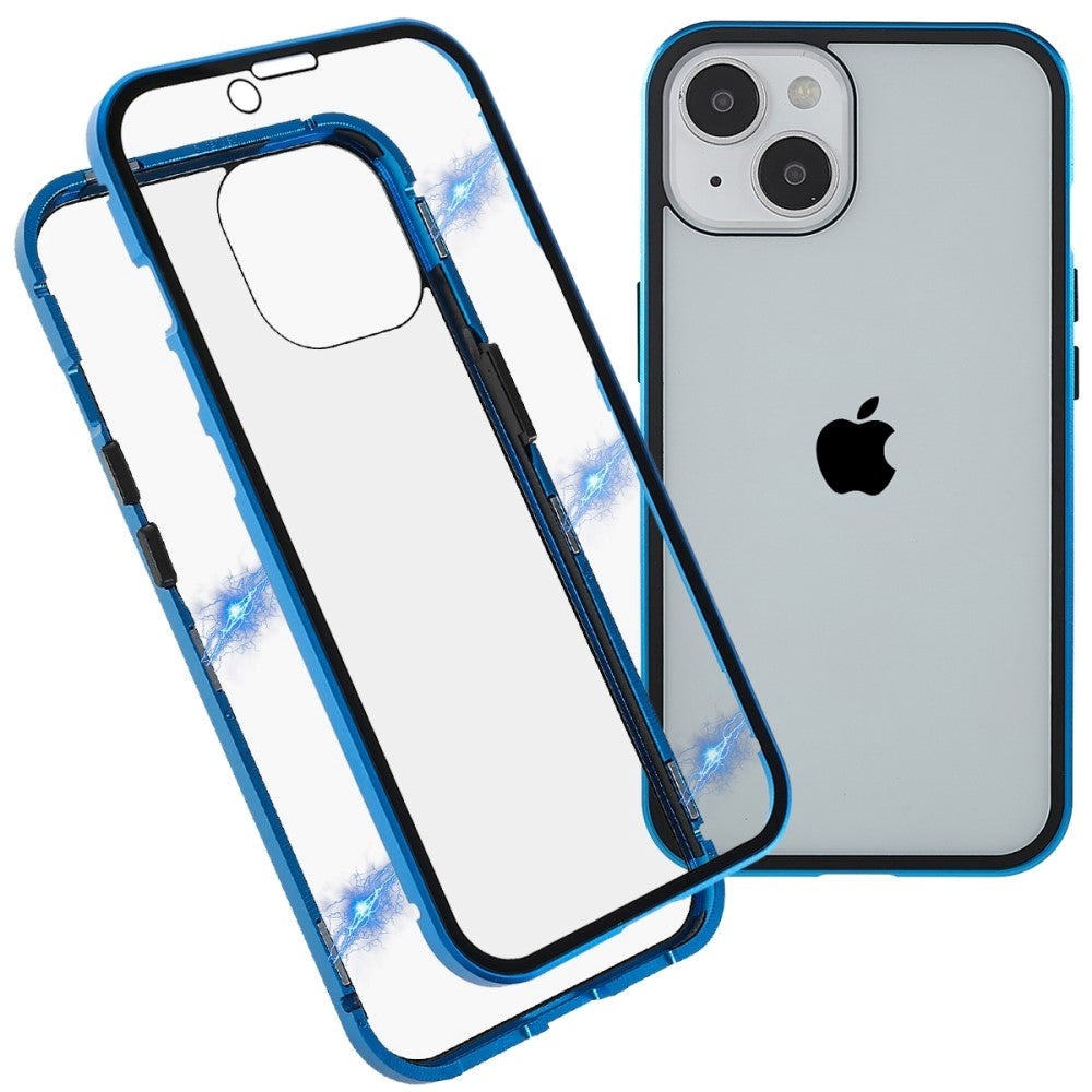 iPhone 14 Plus Cover w. Magnetic Metal Edge Glass- Front & Back - Blue