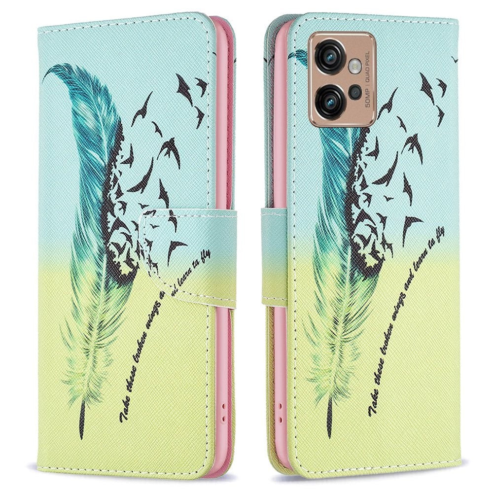 Motorola Moto G32 Leather Wallet Case w. Print - Feather