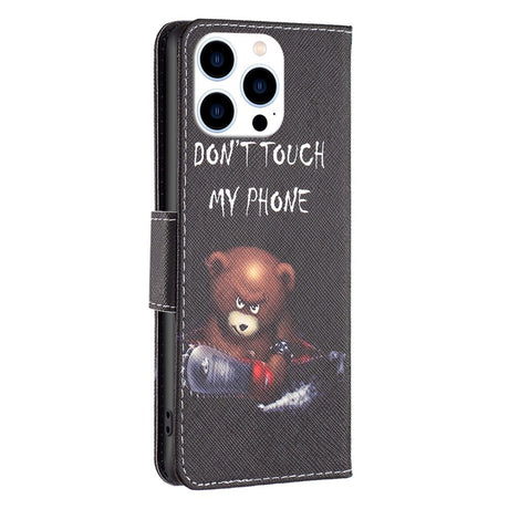 EIDERWOOD iPhone 16 Pro Max Leather Case w, Wallet & Print - "Don't Touch My Phone" - Bear