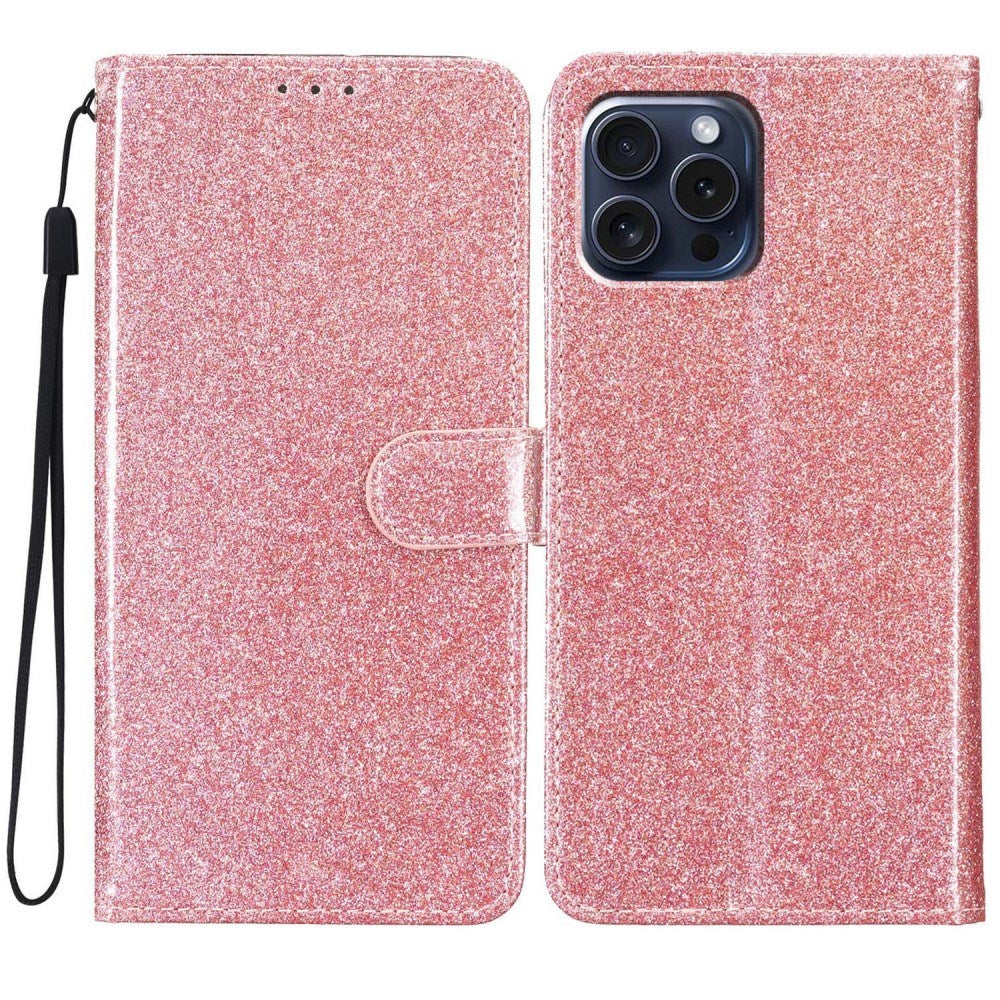 EIDERWOOD iPhone 16 Pro Leather Flip Case with Wallet and Strap - Glitter - Rose Gold