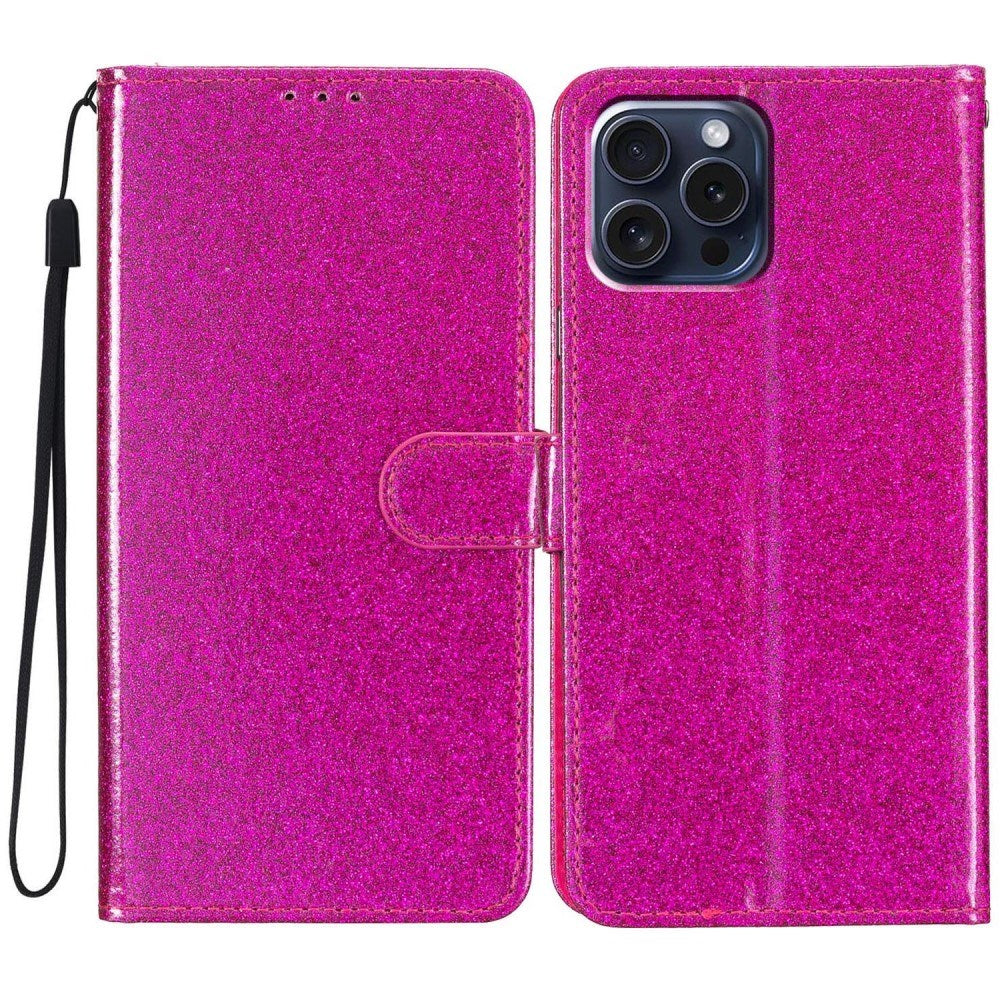 EIDERWOOD iPhone 16 Pro Leather Flip Case with Wallet and Strap - Glitter - Pink