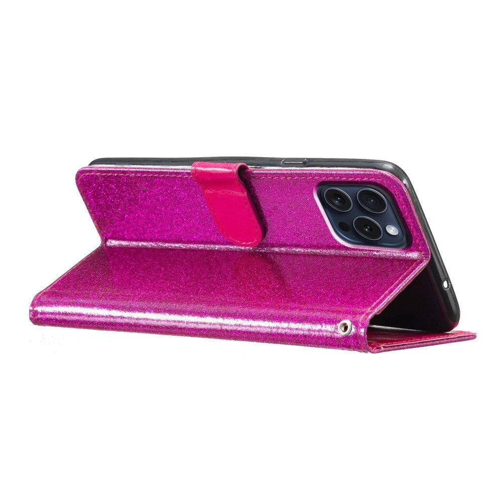 EIDERWOOD iPhone 16 Pro Leather Flip Case with Wallet and Strap - Glitter - Pink