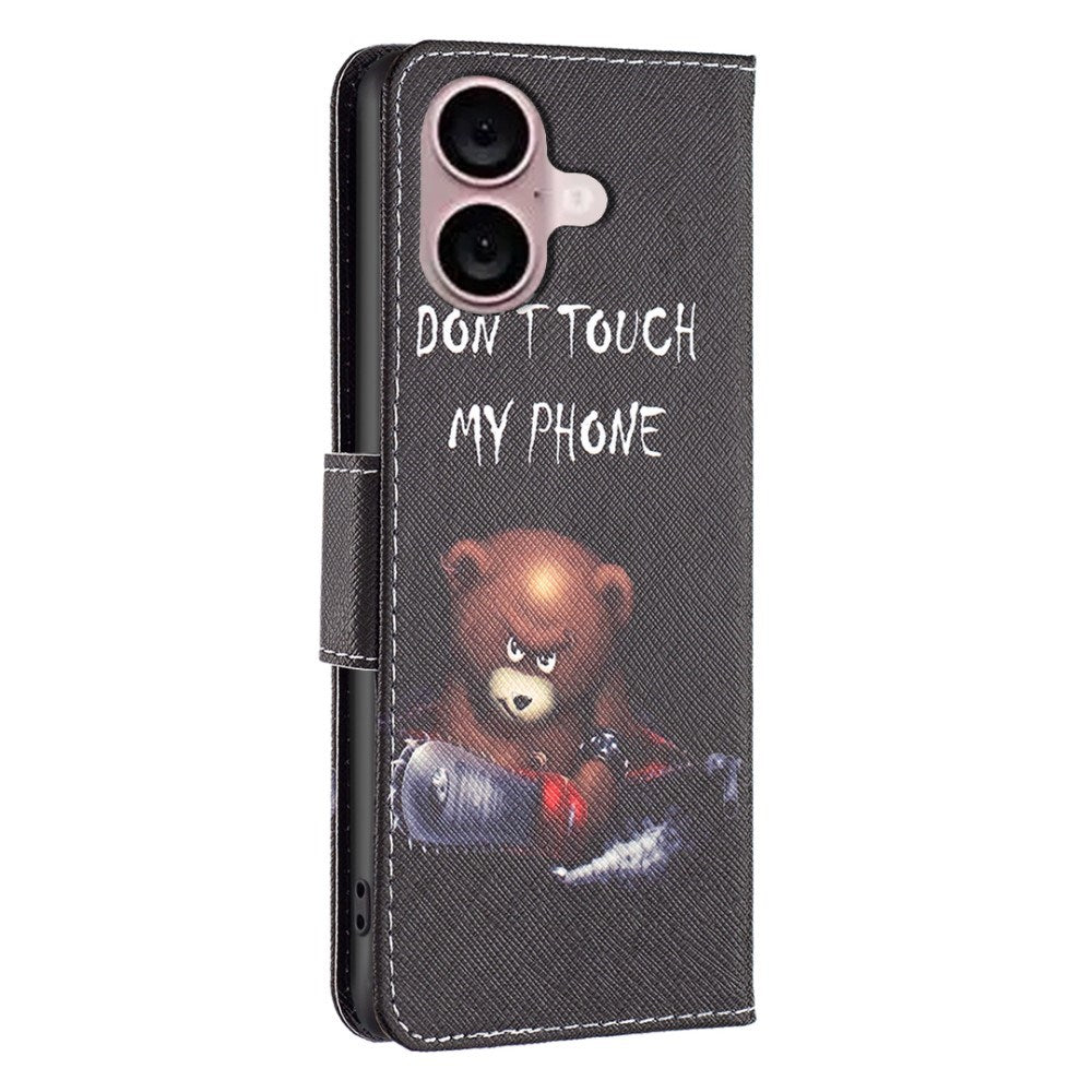 EIDERWOOD iPhone 16 Plus Leather Case w, Wallet & Print - "Don't Touch My Phone" - Bear