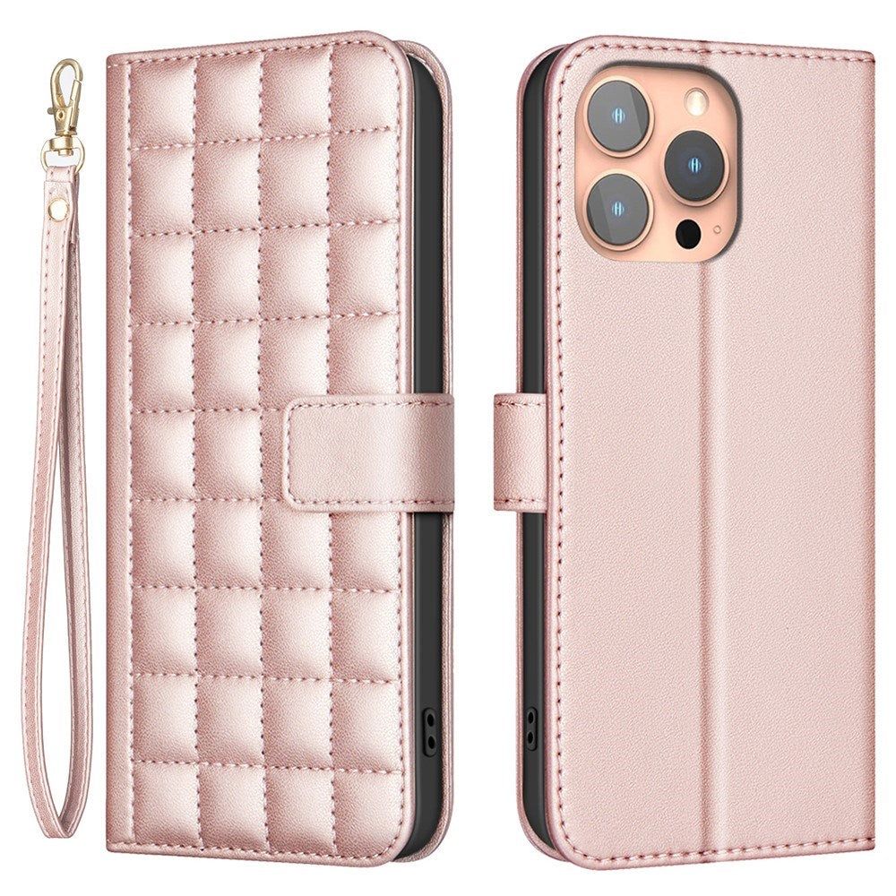 iPhone 16 Pro Checkered Leatherette Flip Wallet Case with Strap - Rose Gold