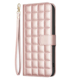 iPhone 16 Pro Checkered Leatherette Flip Wallet Case with Strap - Rose Gold