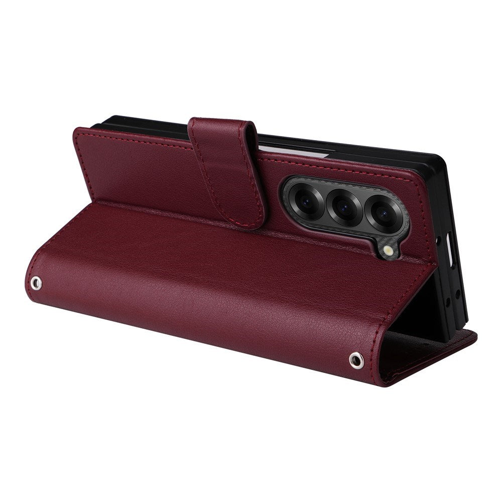 EIDERWOOD Samsung Galaxy Z Fold6 Faux Leather Flip Case with Card Holder & Strap - Dark Red