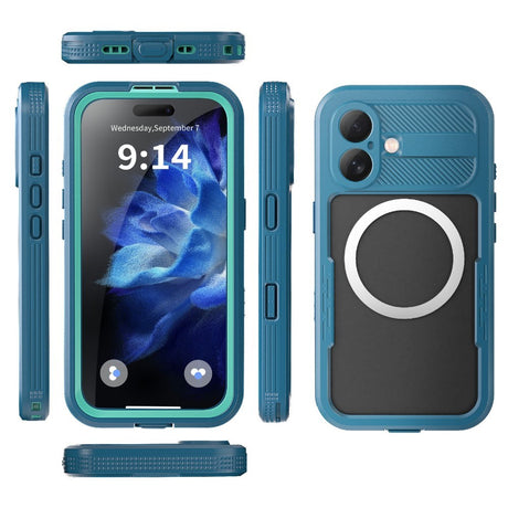 iPhone 16 Waterproof Tough Case w. Screen Protector and Strap - MagSafe Compatible - Transparent / Blue