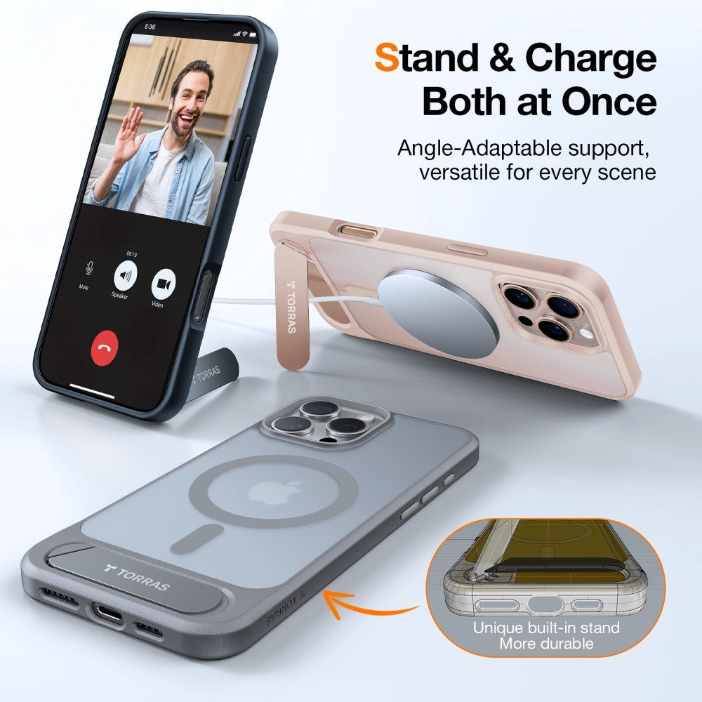 Torras iPhone 16 Pro Hybrid Case with Stand Function - MagSafe Compatible - Rose Gold