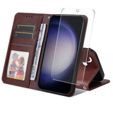 EIDERWOOD Samsung Galaxy S25 / S24 2-in-1 Faux Leather Flip Case with Screen Protector Glass - Brown