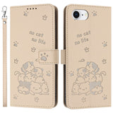 EIDERWOOD iPhone 16e Faux Leather Flip Case with Cat Pattern - Beige