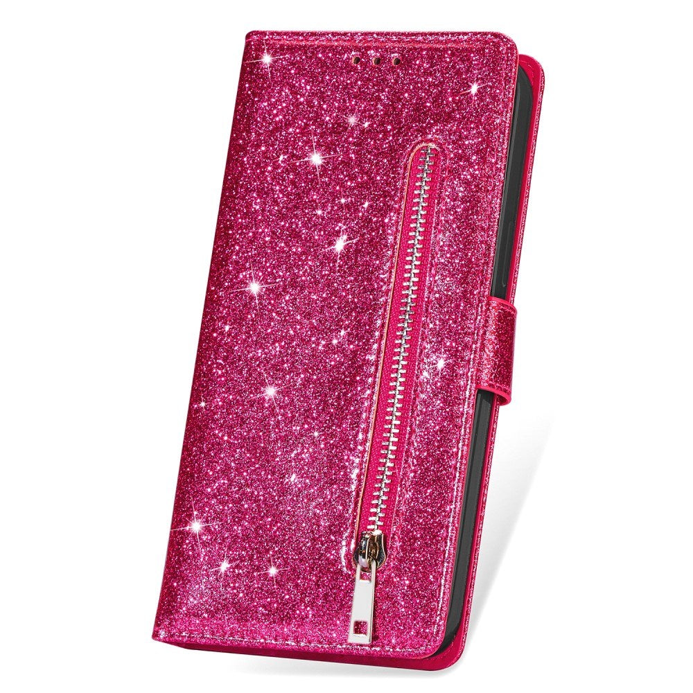 EIDERWOOD Samsung Galaxy S25 Glitter Flip Case with Zipper Pocket & Stand Function - Pink