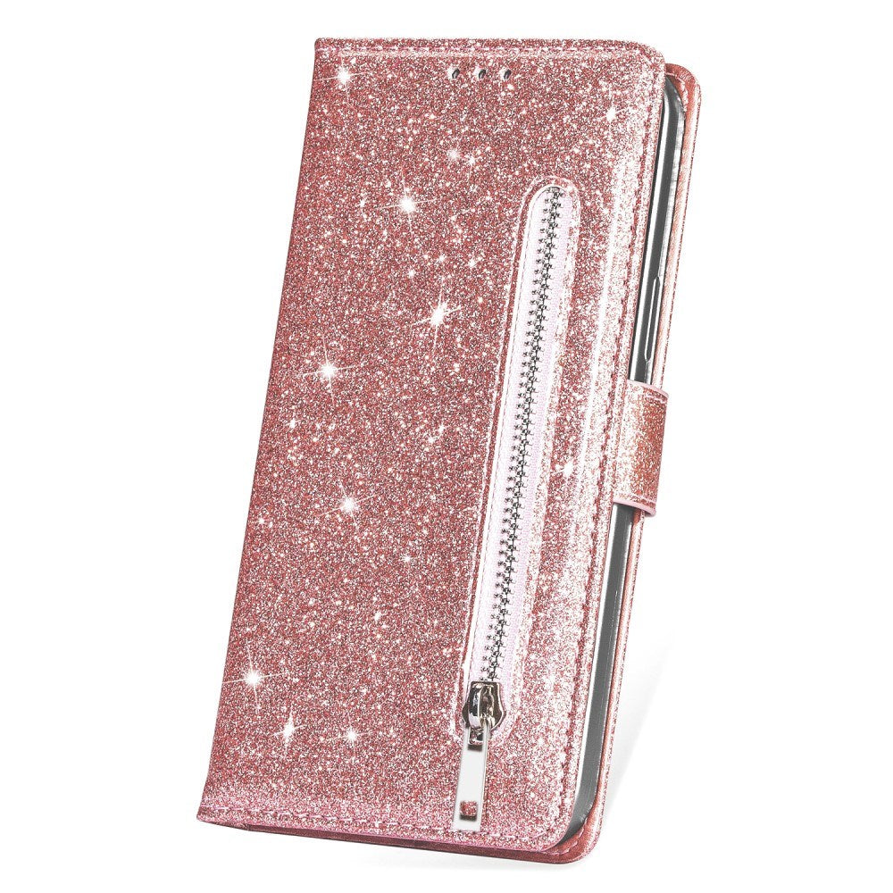 EIDERWOOD Samsung Galaxy S25 Glitter Flip Case with Zipper Pocket & Stand Function - Pink