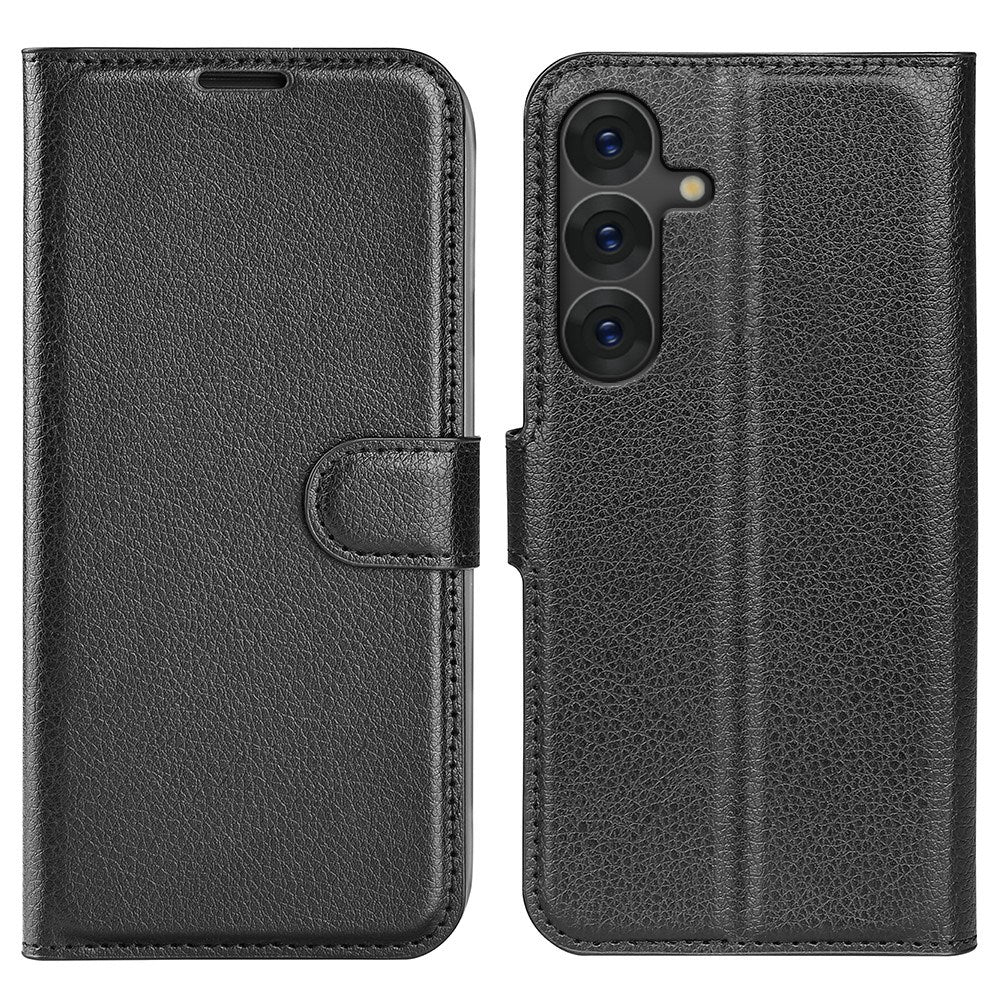 EIDERWOOD Samsung Galaxy S25+ (Plus) Shockproof Leather Wallet Cover with Litchi Texture - Black