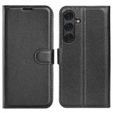 EIDERWOOD Samsung Galaxy S25+ (Plus) Shockproof Leather Wallet Cover with Litchi Texture - Black