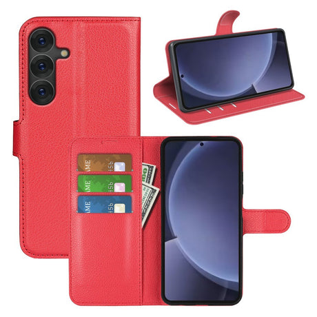 EIDERWOOD Samsung Galaxy S25+ (Plus) Shockproof Leather Wallet Cover with Litchi Texture - Red