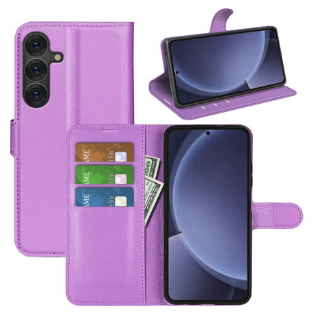 EIDERWOOD Samsung Galaxy S25+ (Plus) Shockproof Leather Wallet Cover with Litchi Texture - Purple