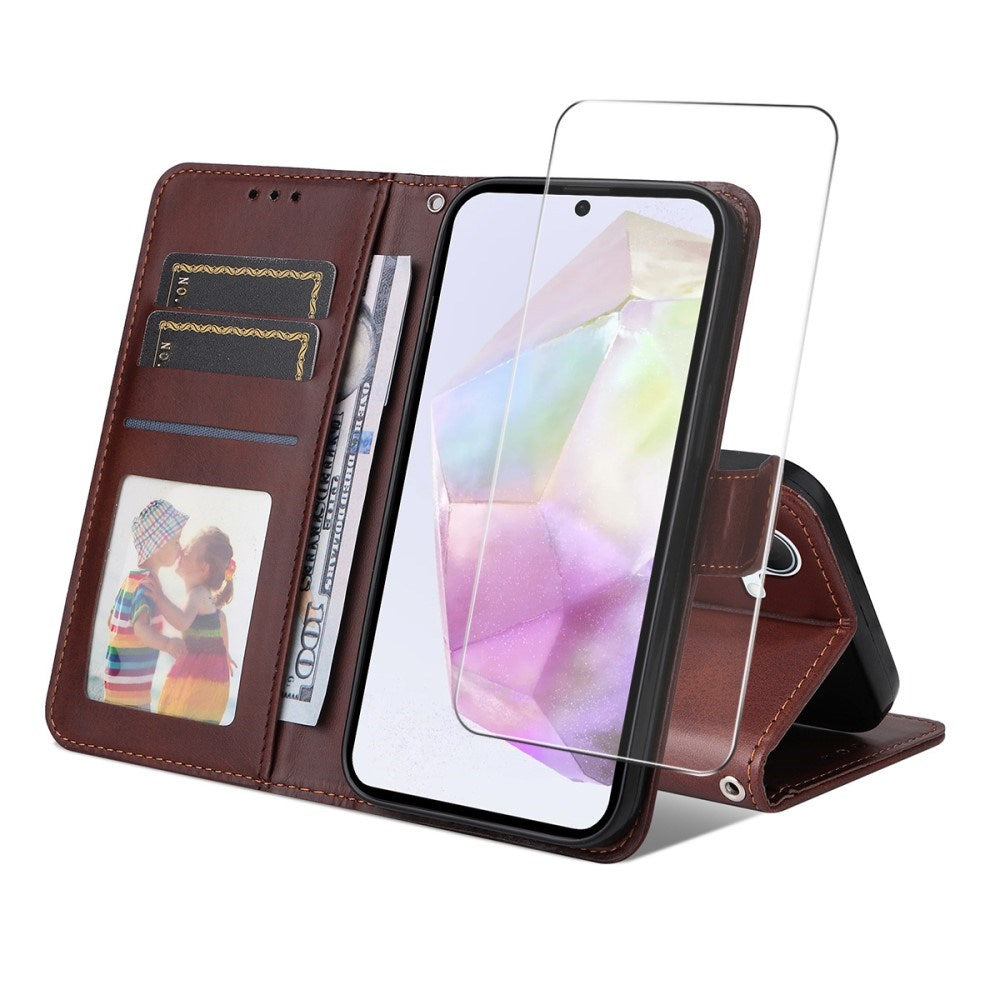 EIDERWOOD Samsung Galaxy A56 (5G) / A36 (5G) 2-in-1 Faux Leather Flip Case with Screen Protector Glass - Brown