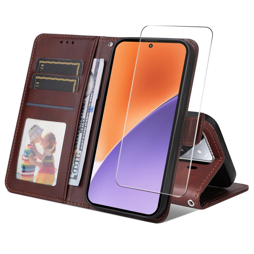 EIDERWOOD Xiaomi 15 Faux Leather Flip Case with Strap & Screen Protection - Brown