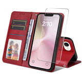 ENKAY iPhone 16e 2-in-1 Faux Leather Flip Case with Screen Protector Glass - Red