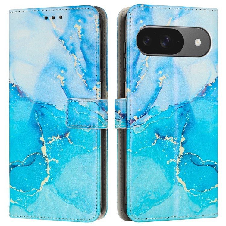 EIDERWOOD Google Pixel 10 / 10 Pro / 9 / 9 Pro Marble Faux Leather Flip Case with Strap - Blue / Green