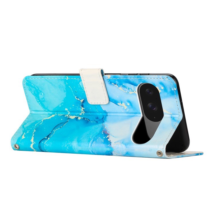 EIDERWOOD Google Pixel 10 / 10 Pro / 9 / 9 Pro Marble Faux Leather Flip Case with Strap - Blue / Green