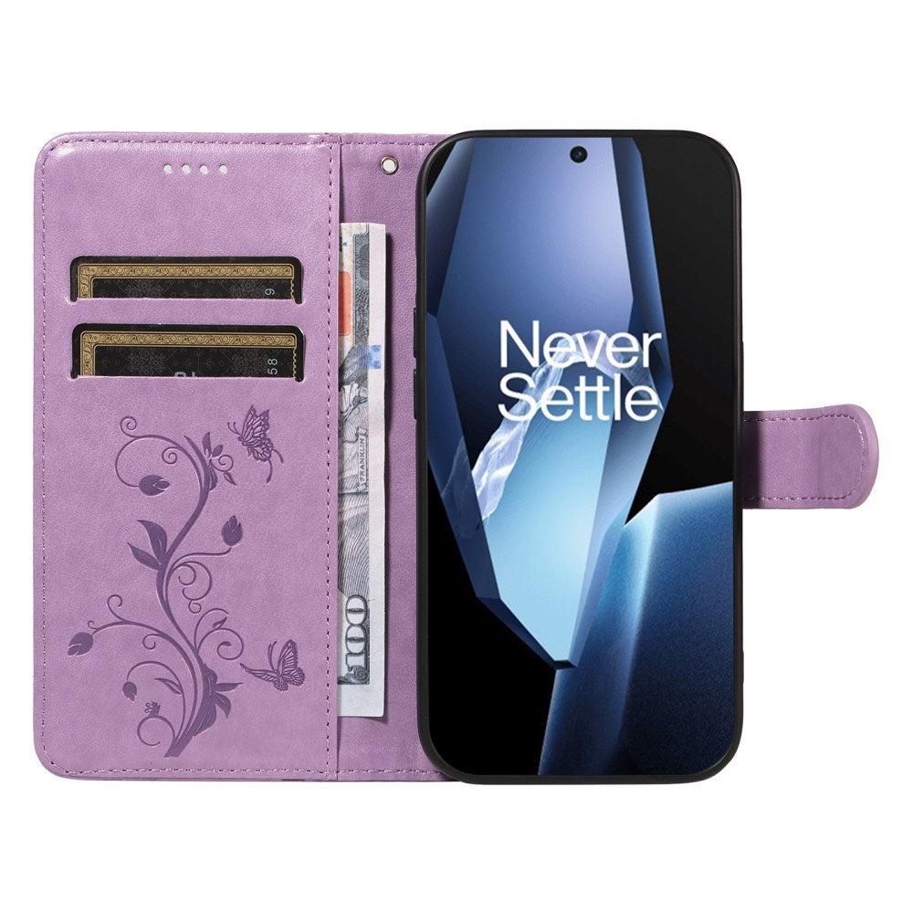 EIDERWOOD OnePlus 13R Flip Case with Engraved Motif - Card Holder & Stand Function - Purple