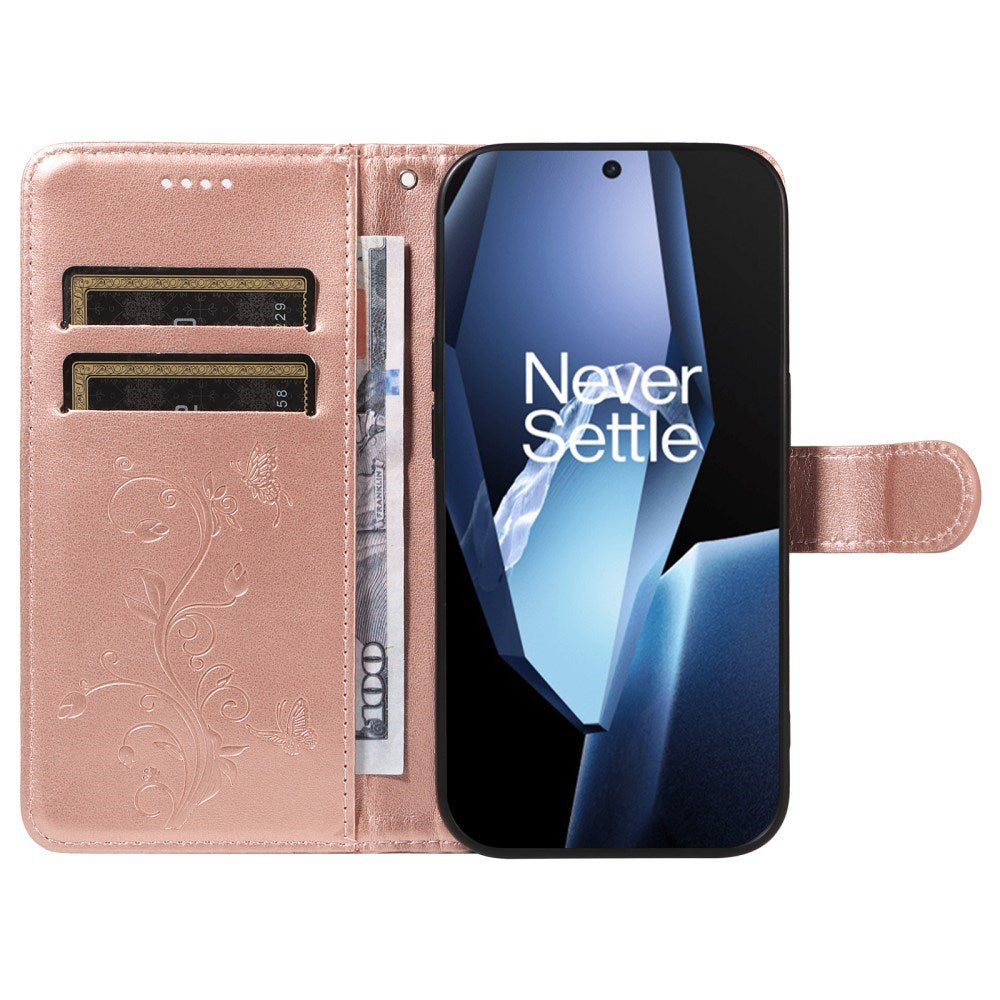 EIDERWOOD OnePlus 13R Flip Case with Engraved Motif - Card Holder & Stand Function - Rose Gold